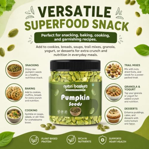 Image of NUTRIBASKET Premium Pumpkin Seeds | Raw Pepitas for Snacking, Baking & Cooking | Protein & Fiber Rich Healthy Seeds | Natural Superfood Snack | Reusable Jar Pack | Vegan & Gluten Free (400gm)
