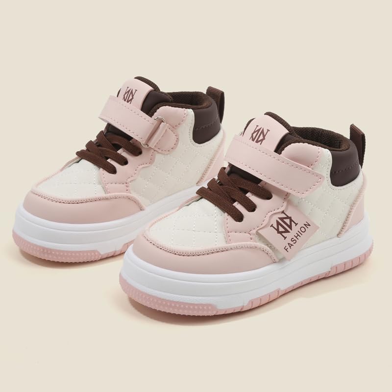 Kids High Top Sneakers, Quilted Design, Hook and Loop Strap, Brown and Beige, Fashion Casual Shoes2