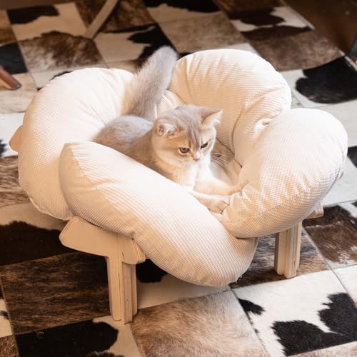 Elevated Cat Bed for Indoor Cats Couch Sofa Flower | Pet Beds with Soft Washable Cushion, Stable Wooden Frame, Raised Cat Hammock & Furniture for Kitty & Puppy All-Season(White) - Image 7