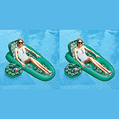Aqua Leisure Campania 2 in 1 Convertible Lounger Recliner and Luxurious Inflatable Pool Float w/ Beverage Caddy in Multi Floral Print (Teal) (2 Pack)