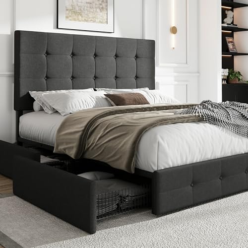 SHA CERLIN Upholstered Queen Size Platform Bed Frame with 4 Storage Drawers, Adjustable Headboard...