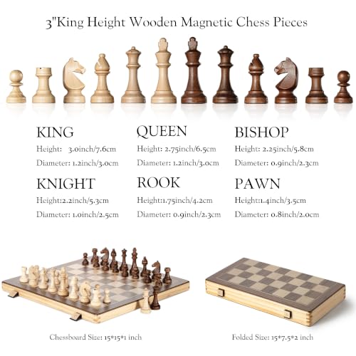 A&A 15" Magnetic Wooden Chess Set, Handmade 3" King Height Chess Pieces with 2 Extra Queen, Portable Travel Chess Set, Chess Game Sets - image 5