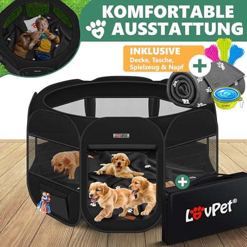 LOVPET® Welpenlaufstall Tierlaufstall Faltbar für Kleintiere Hunde, Katzen Inkl. Hundenapf und Fleece Decke Hundelaufstall Freigehege Oxfordgewebe Pop-up System Indoor & Outdoor, Schwarz