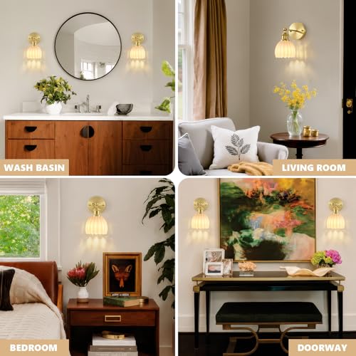 Image of Vintage Battery Operated Wall Sconce, White Tulip Glass Lampshade Wireless Rechargeable Battery Powered LED Wall Light with Remote Dimmable for Bedside Bedroom Doorway Living Room, Set of 2