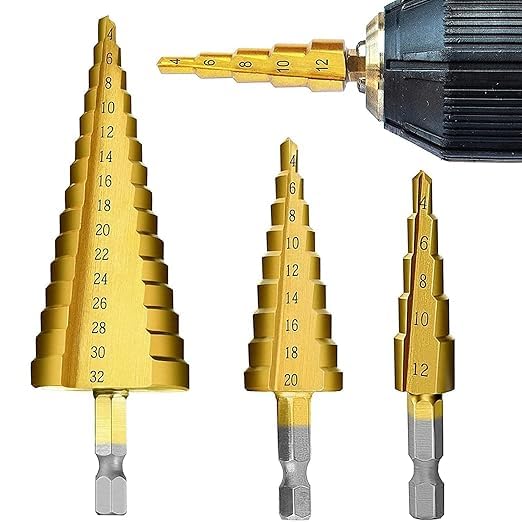 Bluedeal 3X Large Steel Step Cone Drill Bit Set 4-12mm 4-20mm 4-32mm Titanium Coated HSS Step Drill Hole Cutter for Metal, Stainless Steel, Wood & Plastic – Industrial Grade-image-30
