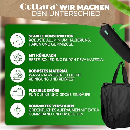 Cottara® Einkaufstasche für Einkaufswagen mit Kühlfach | Faltbare Einkaufswagentasche zum einhängen mit Kühlfunktion & Einkaufschip | Ideale Tasche für Einkaufswagen und Shopper (Schwarz mit Kühlfach)