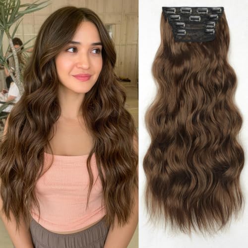 Image of KooKaStyle Clip in Synthetic Hair Extensions Long Wavy 4PCS Thick Hairpieces Warm Auburn Brown Fiber Double Weft Natural Hair Extensions 24 Inch for Women