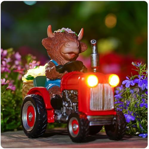 inhildas Highland Cow Garden Statue with Solar Light, Farm Animal Decor for Garden, Patio or Lawn, Tractor Riding Outdoor Ornament with Purple Flowers by inhildas - Used condition - Image 8