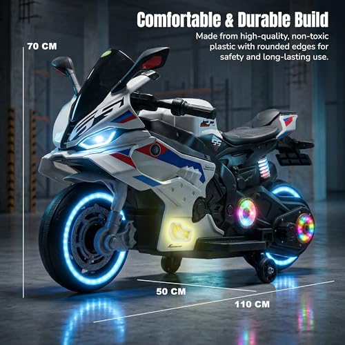 Image of Baybee TORQ Baby Battery Operated Bike for Kids | Ride on Toy with LED Light, Bluetooth & Music | Rechargeable Battery Bikes with Hand Accelerator,Baby Electric Bike for Kids 1 to 5 Years (White Pro)