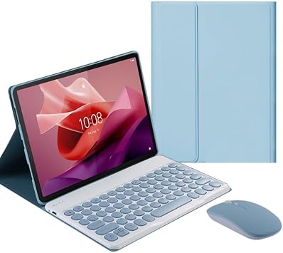 Keyboard Case with Mouse for Lenovo Tab P12 12.7 inch 2023 TB370FU, Cute Round Key Detachable Wireless Keyboard & & PU Folio Stand Cover Case for 12.7 inch Lenovo Tab P12 2023, Blue