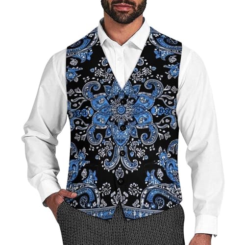 Blue Paisley Bandana Suit Vest for Men Slim Fit Sleeveless Jacket V Neck Business Waistcoat Button Up Dressy Top