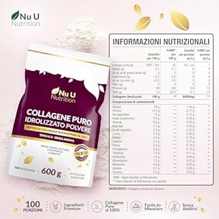 Nu U Nutrition Polvere di collagene 600 g - 100 porzioni - Bovino puro al 100% di alta qualità - Peptidi di collagene idrolizzati con 8 aminoacidi essenziali - Collagene idrolizzato non aromatizzato -