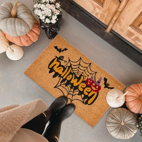 Fallovea Halloween Welcome Door Mat Combo Set, Spider Web Coco Coir Doormat - Black and White Rug, Autumn Front Porch Entryway Decor Floor Mat (Spider Web, 30''*17'') - image 2