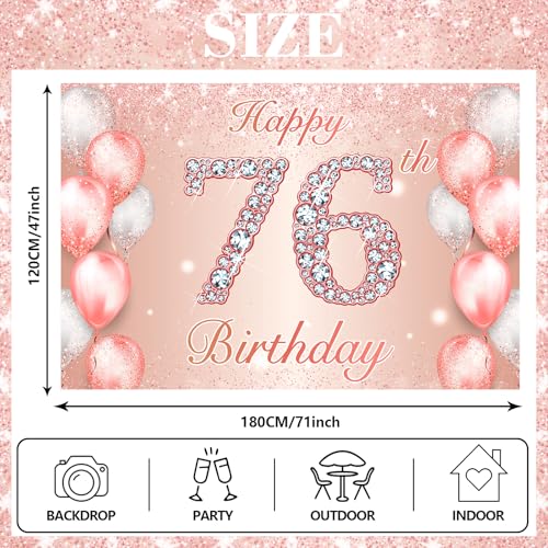 Image of Happy 76th Birthday Rose Gold Banner Cheers to 76 Years Old Backdrop Confetti Balloons Theme Decor for Women 76 Years Old Pink Birthday Party Decorations Bday Supplies Background Favors Gift Glitter