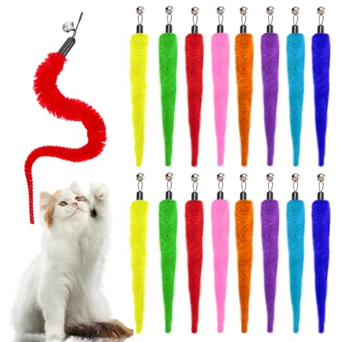 Larrel 16PCS Cat Worm Toy Replacement Cat Wand Toy Accessories Soft Worm Cats Toys Teaser with Bell Fuzzy Worms Toys Attachments Replacements for Indoor Cats and Kitten (8 Colors)