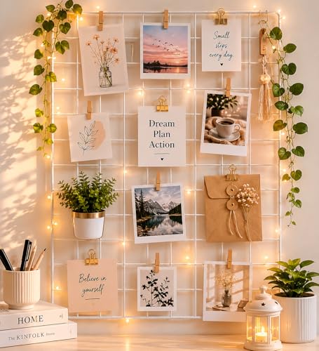 Image of Steel Photo Collage Wire Grid Frame | Photo frame grid DIY Mesh Wire Frame (WHITE, WIRE GRID 26X17 WHITE)