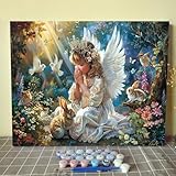 Baby Angel Girl DIY Paint by Numbers for Adults Prayerful Angel in Forest DIY Oil Painting Acrylic Paint Painting Kits Canvas with Acrylic Paint Flowers Cute Animals Art 16x20 Inch（without Frame ）