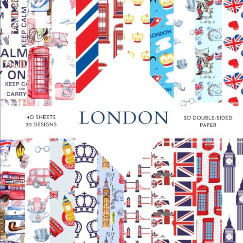 London Scrapbook Paper: | 8,5 x 8,5 size | 40 patterned double sided sheets (20 designs) | London Themed Collection | London Craft Paper |