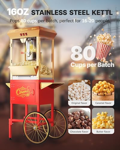 Image of 16oz Commercial Popcorn Machine with Cart, Large Popcorn Maker Machine with Wheels, Movie Theater Pop Corn Machine Stainless-Steel Kettle Makes Up to 80 Cups, Red&Gold
