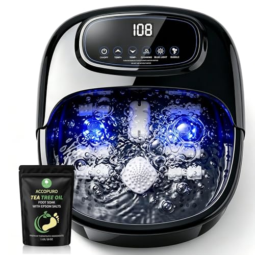 ACCOPURO Foot Soaking Tub with Ozone UV, Foot Spa Bath Massager with Heat and Bubbles, Custom Temp Control, Pressure Rollers for Tired Feet, Gift Set for Parents Couples (Black)