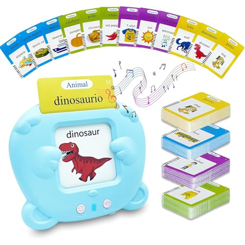 Toddler Toys Flash Cards Spanish - 224 Sight Words Pocket Speech Therapy Toys - Bilingual Talking Flash Cards - Autism Sensory Toys for Autistic Children - Learning Montessori Tool Blue
