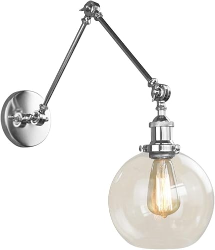 NIUYAO Iluminación de pared industrial vintage de 1 luz con pantalla redonda de vidrio transparente, brazo oscilante ajustable, estilo retro,