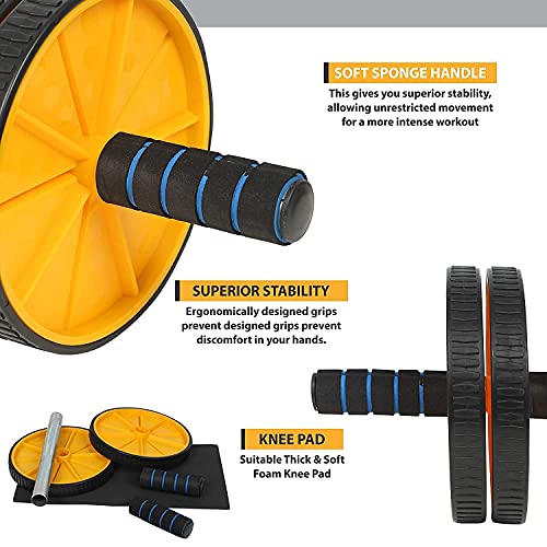 Image of LEAFED Premium Ab Wheel Roller with Knee Mat | Stainless Steel Anti-Rust Rod | Core & Abs Workout Equipment for Men & Women | Home Gym Fitness Roller (Up to 100 Kg) Yellow /Black