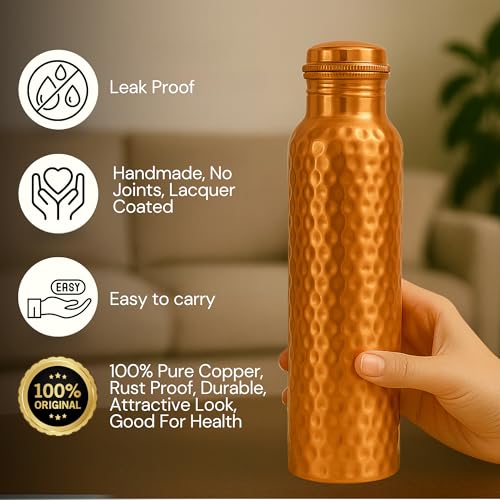 Image of Metallix Copper Water Bottle 1 Ltr | Copper Bottle for Men & Women | 100% Pure Copper | BPA Free & Leak Proof | Easy to Carry | Suitable for Yoga, School & Office (Hammered)