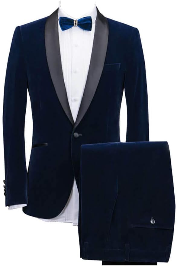 Men's Blue Velvet Classic Tuxedo Casual Fit Shawl Lapel with Flat Front Pants Single Breasted Men Suits