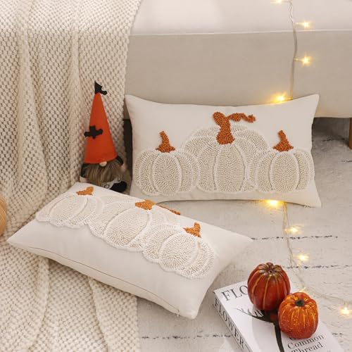 Tosleo Halloween Throw Pillow Covers 12x20 inch Set of 2 Halloween Beige Pumpkin with Orange Root Embroidered Pillow Cases Thanksgiving Home Party Pumpkin Fall Decor Pillowcases Lumbar Cushion Covers
