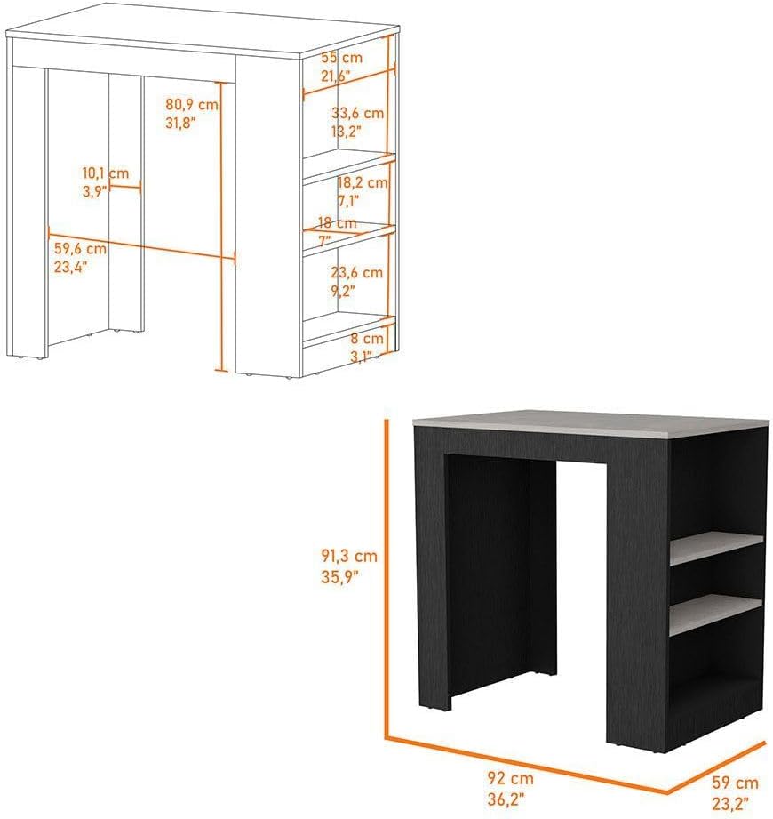 Harlan Kitchen Island with 3 Side Shelves, Black/Ibiza Marble
