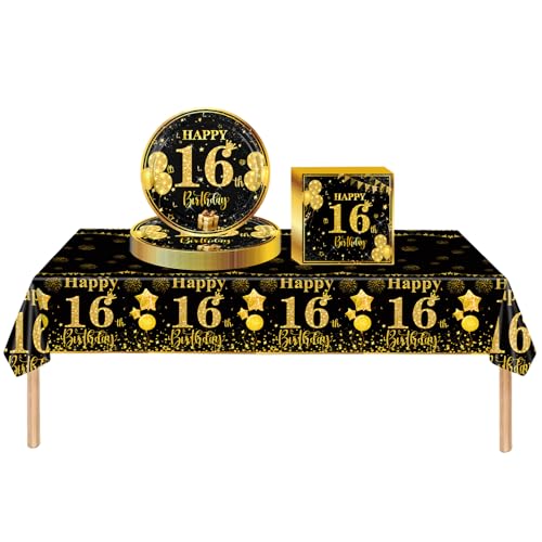 Set di stoviglie per feste per il 16° compleanno, ragazza, ragazzo, 37 pezzi, oro nero, per il 16° compleanno, decorazione da tavolo