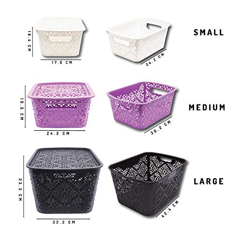 Image of Cutting Edge Essentials Plastic Storage Baskets /Shelf /Turkish Rack with Lid - Set of 2 for Fruit Vegetable Bathroom Stationary Home Basket with Handle (Cream, Medium)