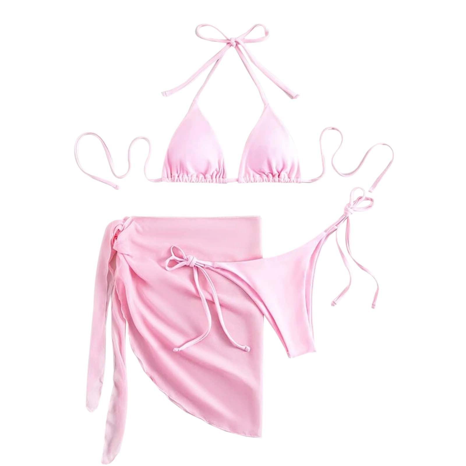 Damski zestaw bikini 3-częściowy z jednokolorowym trójkątnym miseczkami top wiązana spódnica spodnie dla kobiet, różowy, M