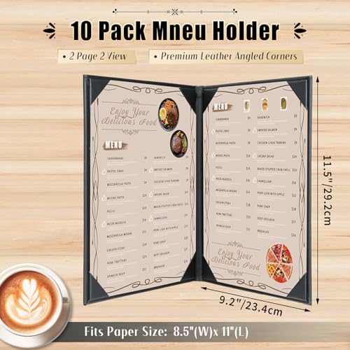 Image of Restaurant Menu Covers Holders 8.5 X 11, 10 Pack 2 View Synthetic Leather Menu Holder Covers Book Style with Angled Corners Black for Wine List, Certificate Organizer Diploma Holder (2 Page)