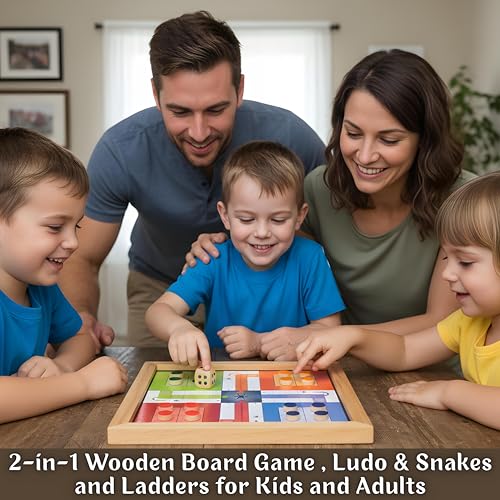Image of Wooden Ludo Board Game with Snakes & Ladders - 2 in 1 Handmade Pure Wood Board Game Set | Classic Family Indoor Game for Kids & Adults | Travel Friendly Traditional Game with Dice & Pawns (10.5 Inch)