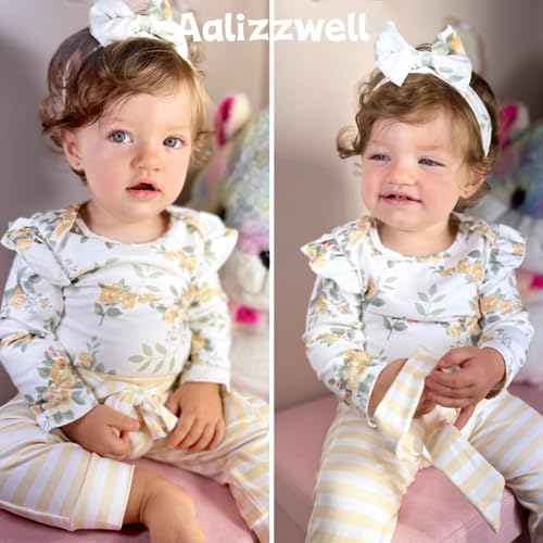 Image of Aalizzwell Preemie Newborn Infant Baby Girls Clothes Ribbed Romper Bodysuit Pants Set Fall Winter Outfits