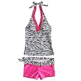iEFiEL Big Girls' Youth 2 Piece Zebra Halter Tankini Swimwear Bathing Suit Pink Size 13-14