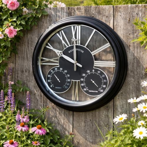 Homezone Large Battery Operated Garden Clock - 40cm Weatherproof Black Wall Clock with Thermometer & Barometer - Quartz Indoor Outdoor Weather Station for Gardens & Wall Decoration for Living Room