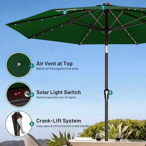 Image of AreShark 9FT Patio Umbrella with Solar Lights, 32 Lighted Pool Umbrella w /Tilt and Crank, Outdoor Market Solar Umbrellas for Garden, Deck, Backyard, Pool and Beach, Dark Green