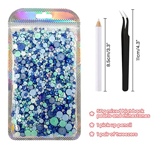 ASTARON 50g Mix Flat Back Pearls and Rhinestones for Crafts Mixed Size 3mm-10mm Flat Back Rhinestones for Crafts Flatback Pearls for DIY Tumblers Mugs Nail Art Shoes Clothes (Blue Series) - Image 2