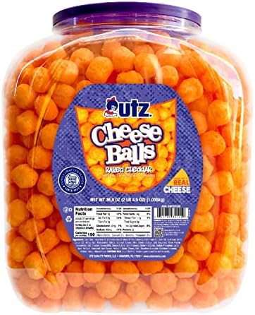 Utz Cheese Balls Barrel, Tasty Snack Baked with Real Cheddar Cheese, Delightfully Poppable Party Snack, Gluten, Cholesterol and Trans-Fat Free, Kosher Certified, 36.5 Oz
