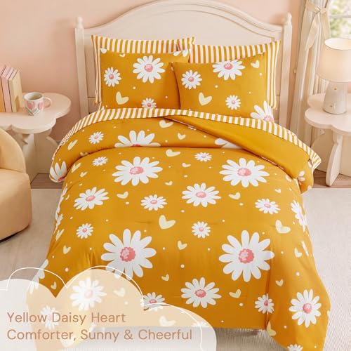Image of Queen Comforter Set for Girls Mustard Yellow Daisy 7 Pieces Bed in a Bag