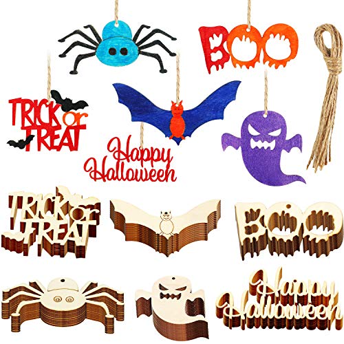 Boao 60 Pieces Halloween Wooden Ornaments Hanging Embellishments Halloween Wood Tags Gift Tags