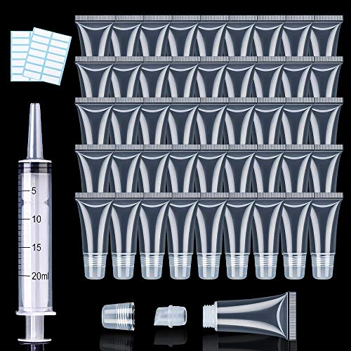 AMORIX 50PCS 5ml Lip Gloss Tubes Cute Cosmetic Tubes Empty Soft Refillable Lip Balm Containers for Women Girls Cosmetic Sample DIY with Free Syringe + Tag Labels Stickers