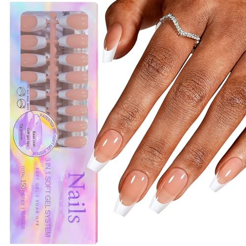 ZMD Press on Nails French Tip 150PCS, Tips Press on Nails French Almond Square Coffin are Optional, Nude or Pink French Tip Press on Nails White Bulk Kit, 06