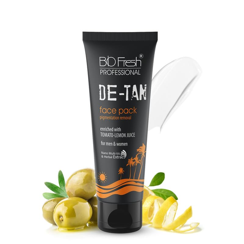 BIOFRESH De-Tan Face Pack - 75ml Instant Tan Removal & Sun Damage Protection Pack for Glowing Skin with Tomato & Lemon Juice Oil Control Facial Pack for All Skin Types (Pack of 1)