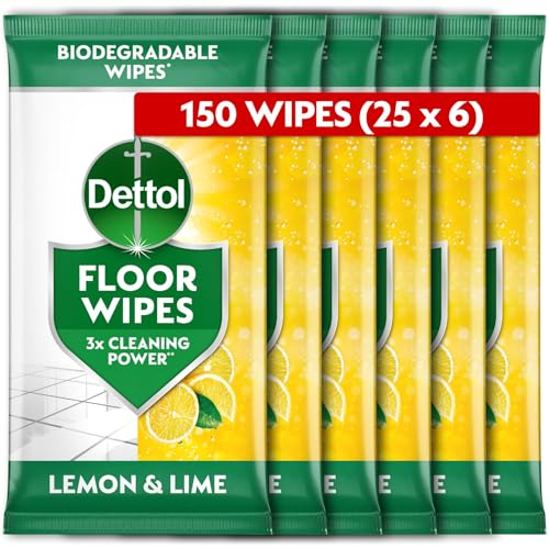 Dettol Floor Cleaner Antibacterial Large Biodegradable Wipes Citrus 150 Wipes (25 x 6 pck) Disinfectant Kitchen and Bathroom Home Hygiene Kills 99.9 Percent of Germs