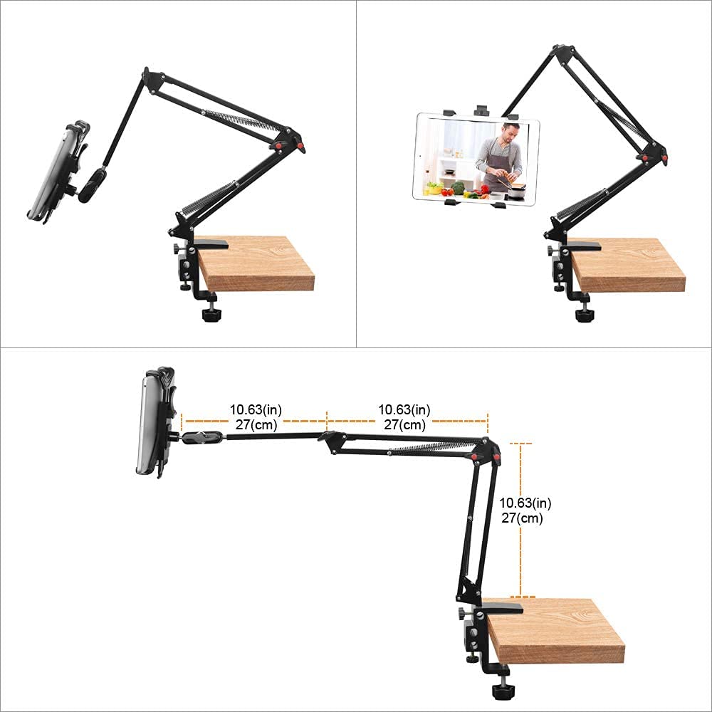 Soporte tableta,QZT soporte de metal para teléfono con brazo ajustable, rotación de 306°para iPad Pro12.9/iPhone 12/Samsung Tab y otros dispositivos de 4-13 pulgadas, adecuado para cama/oficina/cocina