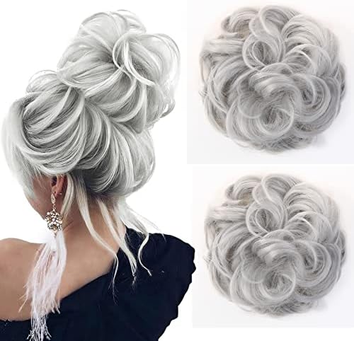 JJstar 2PCS Messy Bun Hair Piece Curly Fake Hair Buns Donut Tousled Updo High Heat Resistant Synthetic Fiber Hair Scrunchies Pieces for Women Girls Ponytail Extension(Black Brown)